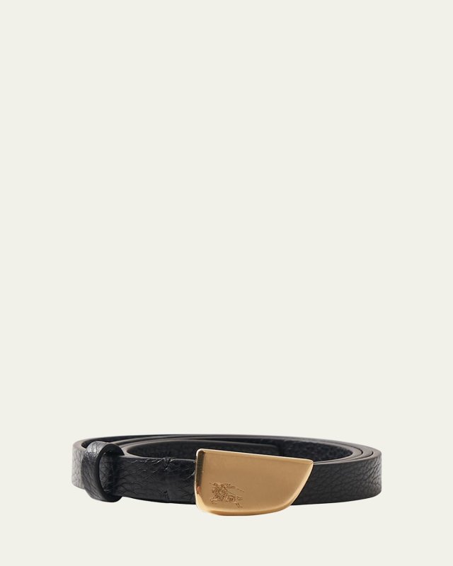 Brushed Shield Buckled Black Leather Skinny Belt
